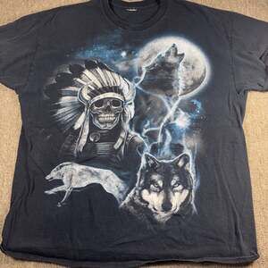 Nature Wolf Lightning T-shirt Skull Native American XL Black Moon 24x28